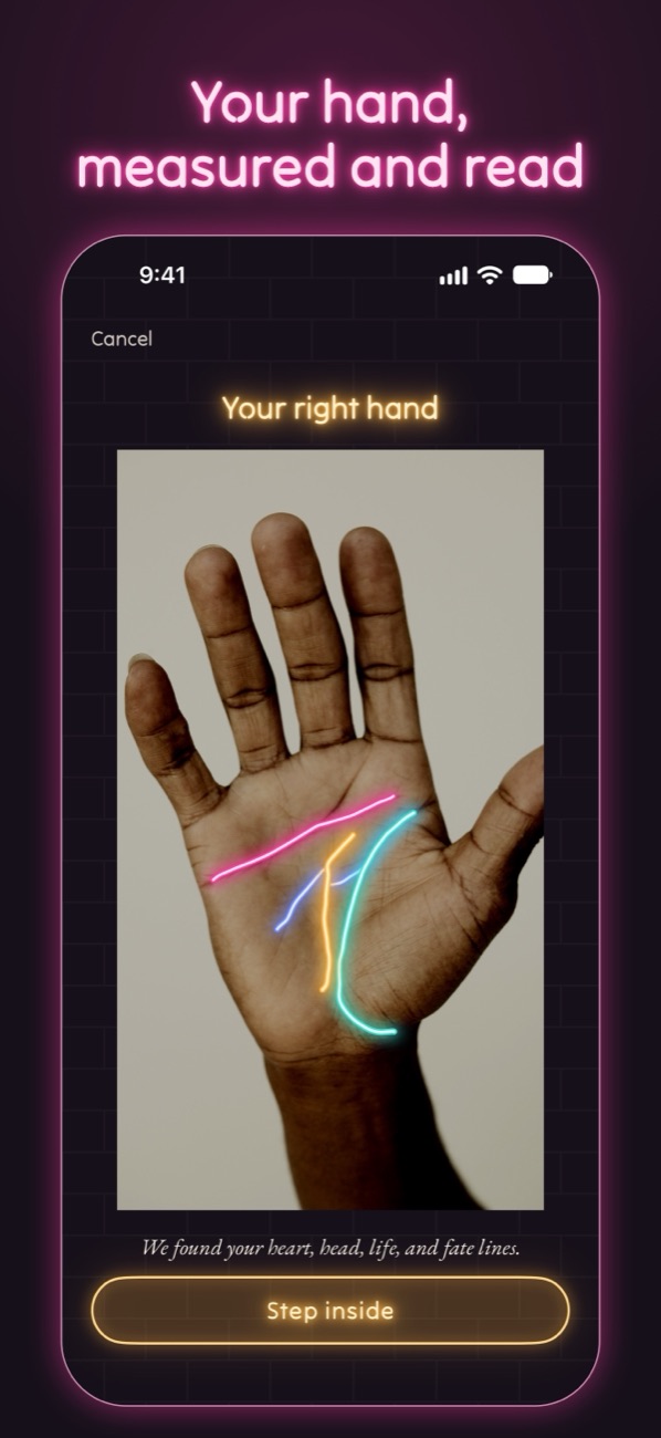 Your hand, measured and read: a palm photo with its heart, head, life and fate lines lit in neon.
