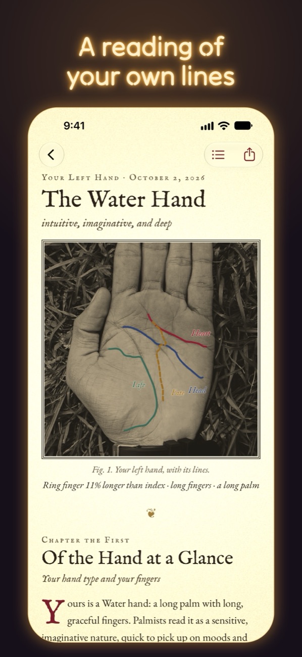 A reading of your own lines: the title page of a reading, The Water Hand, with a plate of the palm and its lines.