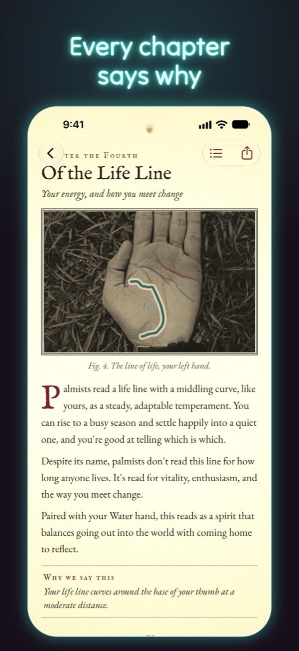 Every chapter says why: the life line chapter, ending with the measurement it's based on.