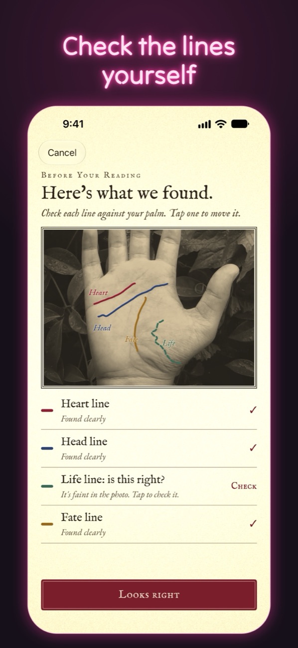 Check the lines yourself: the lines found on a palm, listed for checking, with a faint one marked.