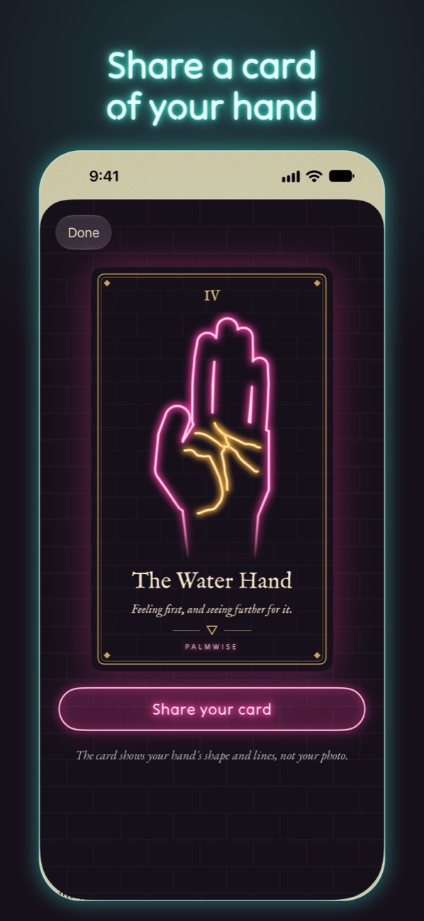 Share a card of your hand: a keepsake card with the hand drawn in neon.